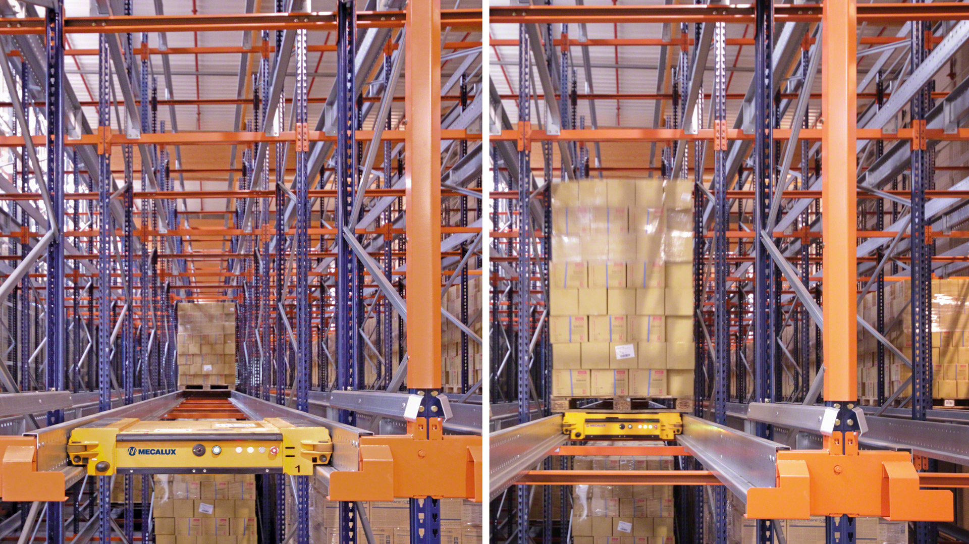 Pallet Shuttle se umístí na kolejnice a přesune zboží po celé délce kanálu