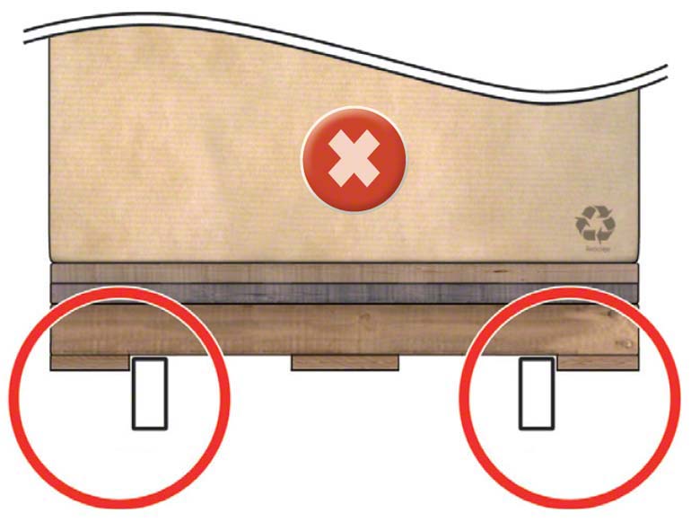 Příčka je velmi blízko u spodní desky. V okamžiku uchopování palety jí může vozík potlačit a zdeformovat tak příčku.