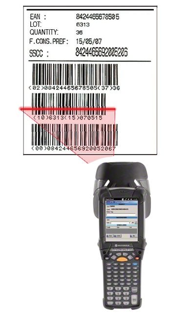 Příklad etikety s čárovým kódem EAN-128, pomocí které je identifikována paleta, zboží, které je na ní umístěno, a také jeho vlastnosti.