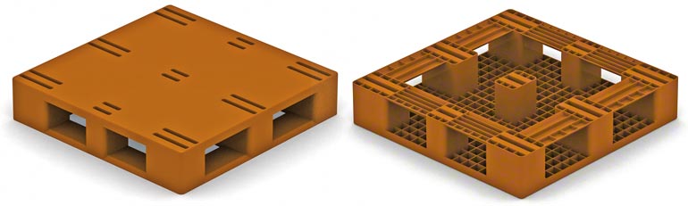 Tento model plastové palety je velmi podobný typu 2 dřevěné palety, přičemž nožičky jsou umístěny na okrajích. Je třeba zohlednit omezení, která se týkají typu 2 dřevěné palety.