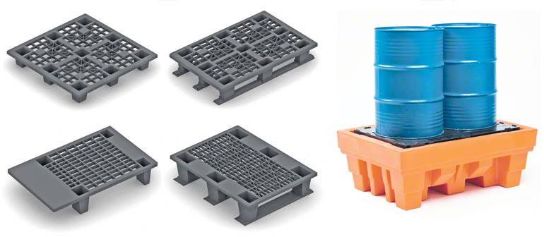 Příklady různých modelů plastových palet. Ilustrace díky laskavosti společnosti Disset