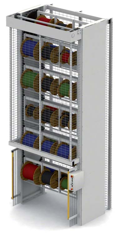 Vertikální karuselové sklady je možné přizpůsobit ke skladování velmi různorodého zboží. Na přiložené ilustraci je zobrazen karuselový sklad cívek