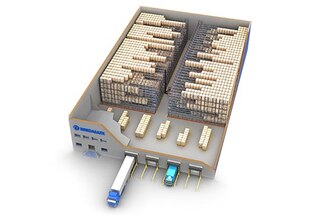 Paletové kyvadlo s jednou uličkou a regály po obou stranách