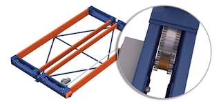 Dvoukorunkové převody umožňují rovnoměrný pohyb všech podvozků systému Movirack