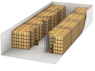 V konfiguraci regálů drive-in se palety zakládají i odebírají ze stejné strany regálu V konfiguraci regálů drive-in se palety zakládají i odebírají ze stejné strany regálu